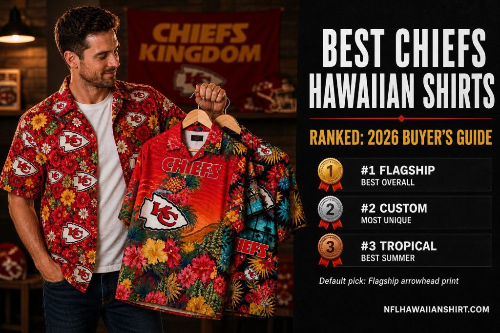 Best Kansas City Chiefs Hawaiian shirts ranked 2026 — flagship arrowhead, custom name and number, and tropical pattern designs compared