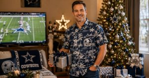 Dallas Cowboys fan wearing navy Hawaiian shirt holding silver gift box in Christmas living room — Cowboys game on TV in background