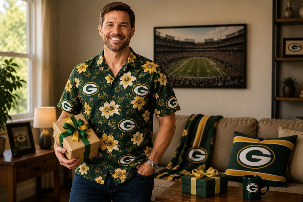 Green Bay Packers fan wearing green and gold Hawaiian shirt holding gift box in home living room — Lambeau Field photo, Packers pillow, green and gold gifts and mug in background