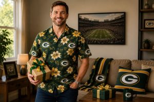 Green Bay Packers fan wearing green and gold Hawaiian shirt holding gift box in home living room — Lambeau Field photo, Packers pillow, green and gold gifts and mug in background