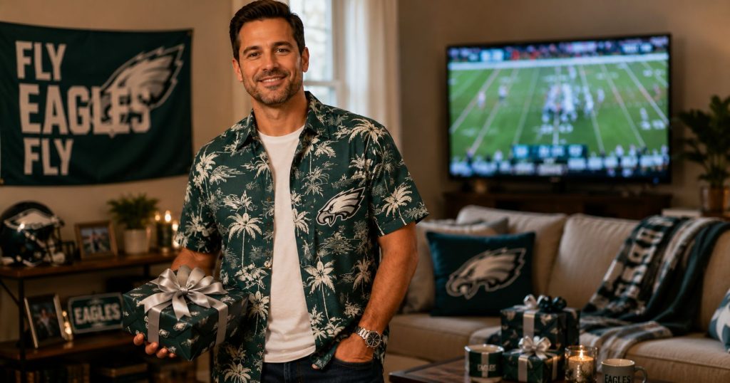 Philadelphia Eagles fan wearing midnight green Hawaiian shirt holding silver gift box in living room — Fly Eagles Fly banner and game on TV in background