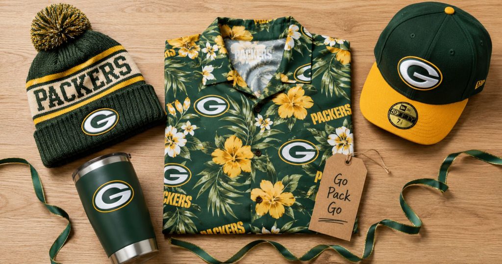 Best Green Bay Packers gifts under $50 flat lay — green and gold Hawaiian shirt centered with heavyweight Packers pom beanie, insulated stainless tumbler, New Era 59Fifty cap, green ribbon and Go Pack Go kraft gift tag on wood surface