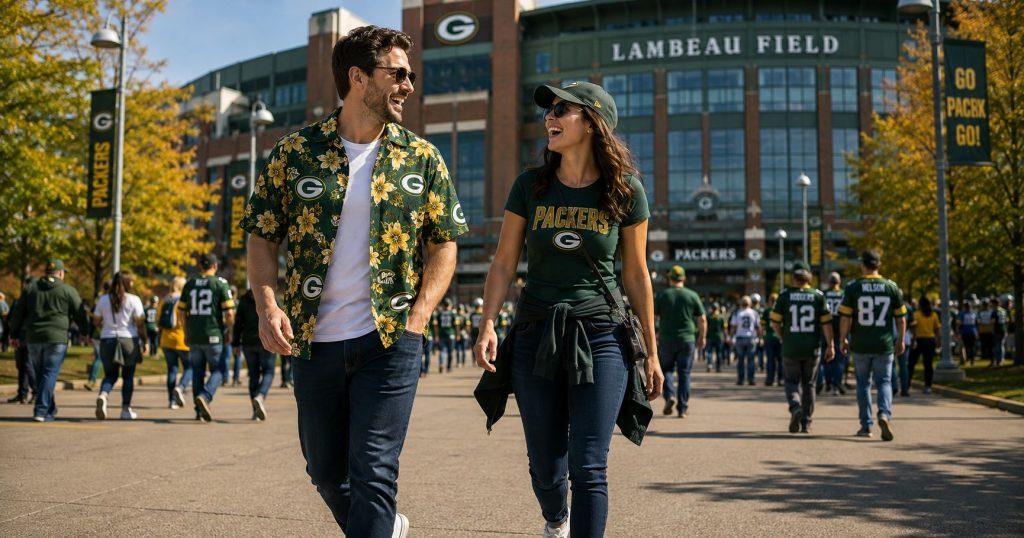Two Green Bay Packers fans walking toward Lambeau Field — male in green and gold Hawaiian shirt open over white tee, female in Packers tee and cap, Rodgers #12 and Nelson #87 jerseys visible in crowd behind