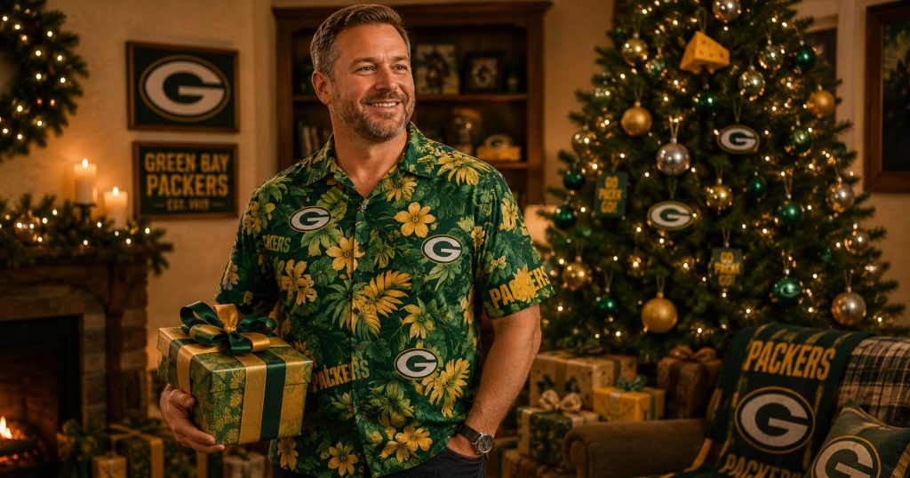 Green Bay Packers fan wearing green and gold Hawaiian shirt holding gift box in Wisconsin home Christmas setting — Cheesehead ornament and G logo ornaments on tree, Go Pack Go ornaments, Packers pillow and blanket, fireplace and candles in background