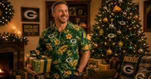 Green Bay Packers fan wearing green and gold Hawaiian shirt holding gift box in Wisconsin home Christmas setting — Cheesehead ornament and G logo ornaments on tree, Go Pack Go ornaments, Packers pillow and blanket, fireplace and candles in background