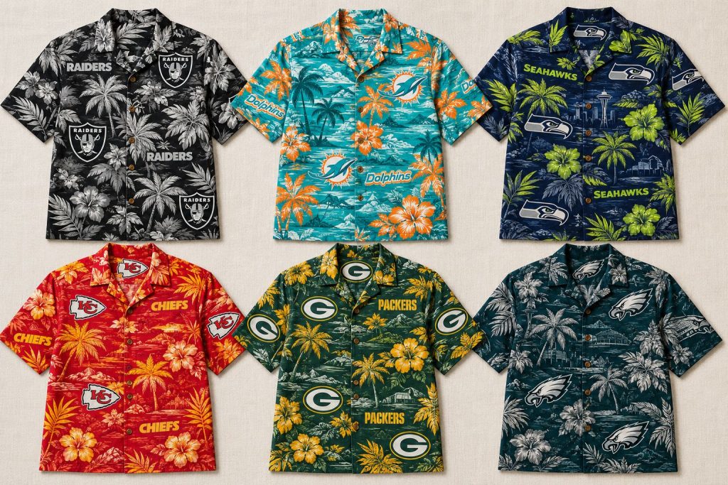NFL Hawaiian shirts ranked by team design: Raiders, Dolphins, Seahawks, Chiefs, Packers, and Eagles all-over print collections