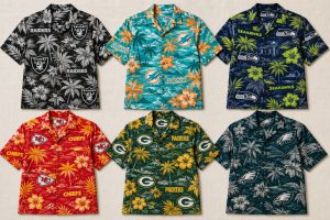 NFL Hawaiian shirts ranked by team design: Raiders, Dolphins, Seahawks, Chiefs, Packers, and Eagles all-over print collections