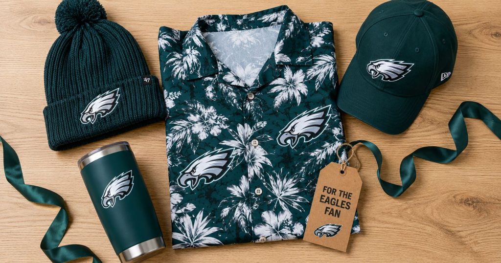 Best Philadelphia Eagles gifts under $50 flat lay — midnight green Hawaiian shirt centered with Eagles beanie, cap, insulated tumbler and "For the Eagles Fan" gift tag on wood surface