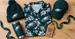 Best Philadelphia Eagles gifts under $50 flat lay — midnight green Hawaiian shirt centered with Eagles beanie, cap, insulated tumbler and "For the Eagles Fan" gift tag on wood surface