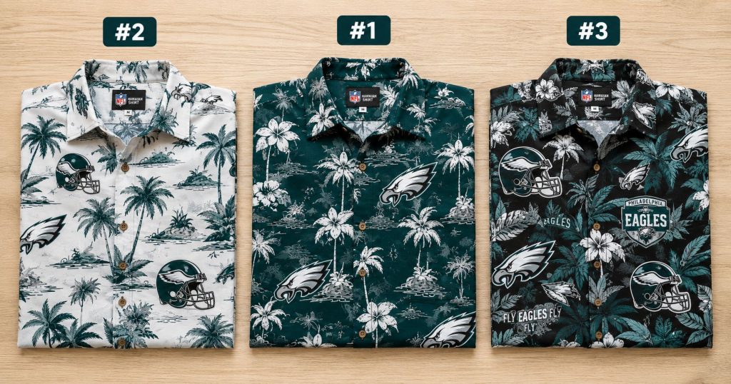 Best Philadelphia Eagles Hawaiian shirts ranked 2026 — three designs side by side: white alternate (#2), midnight green flagship (#1), and black logo-heavy variant (#3)