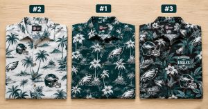 Best Philadelphia Eagles Hawaiian shirts ranked 2026 — three designs side by side: white alternate (#2), midnight green flagship (#1), and black logo-heavy variant (#3)