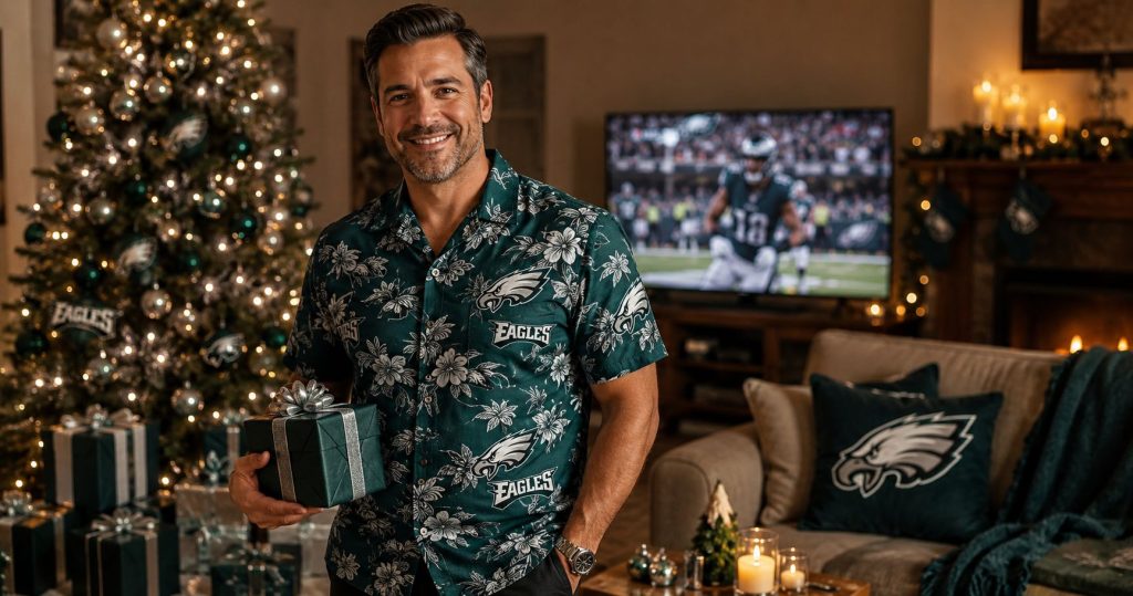Philadelphia Eagles fan wearing midnight green Hawaiian shirt holding gift box in Christmas living room — Eagles tree ornaments, Eagles pillow, and game on TV in background