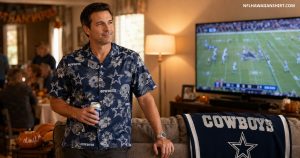 Dallas Cowboys fan wearing navy blue all-over print Hawaiian shirt watching Thanksgiving game on TV in living room — Cowboys blanket on couch, Thanksgiving decorations in background