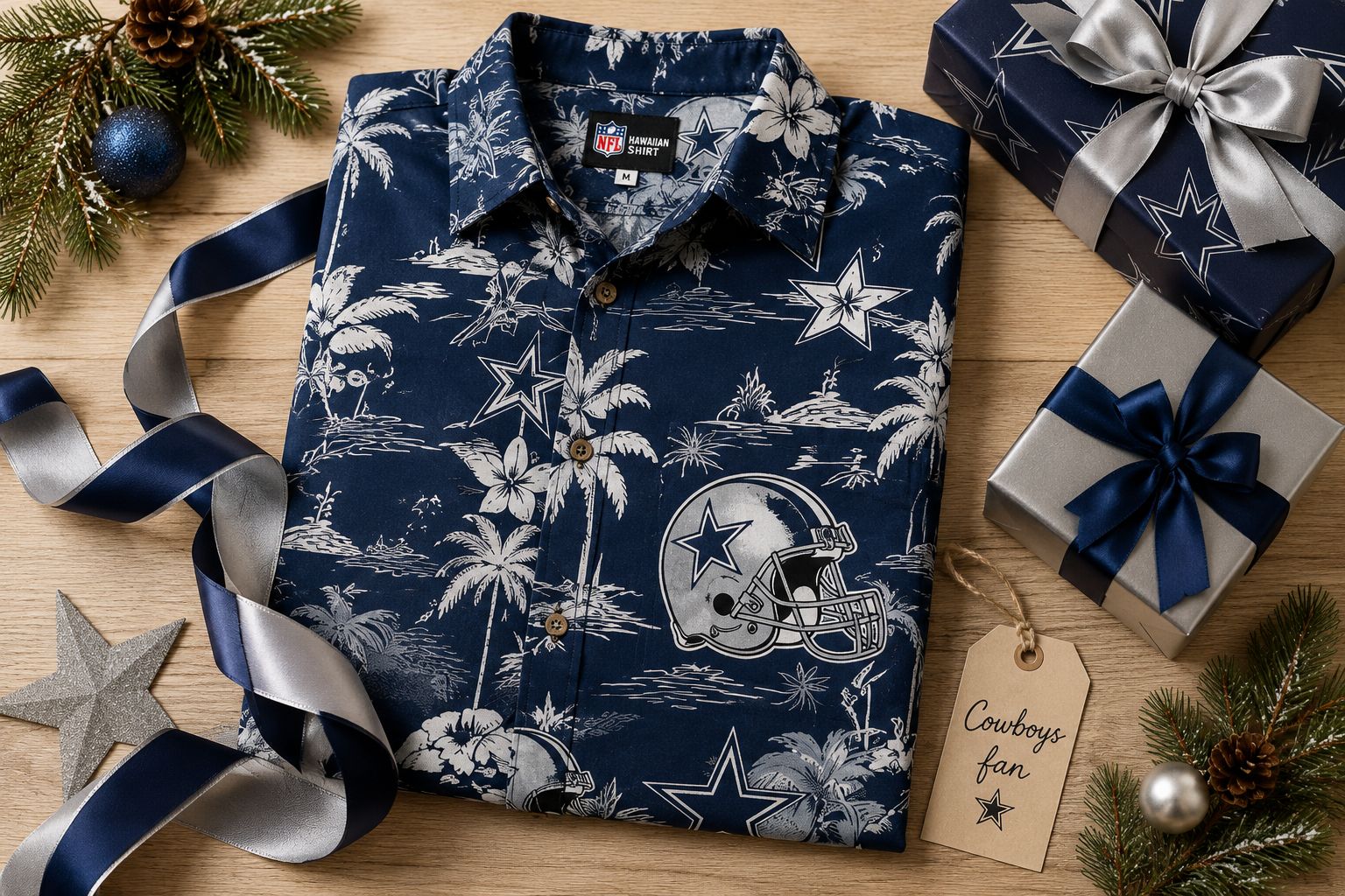Dallas Cowboys Hawaiian shirt folded flat with silver and navy Christmas ribbon, gift boxes and Cowboys fan gift tag on wood surface