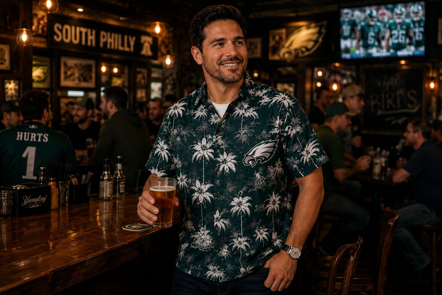 Philadelphia Eagles fan wearing midnight green Hawaiian shirt at South Philly bar — Yuengling on bar, South Philly sign and Eagles memorabilia in background, game on TV