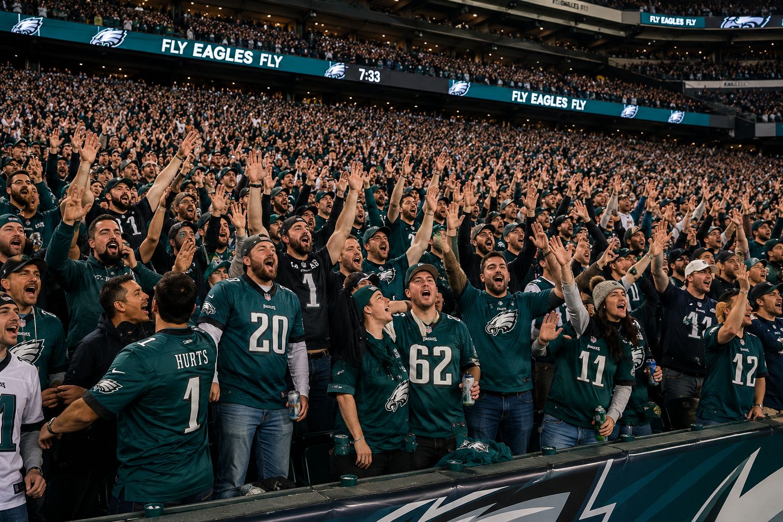 Philadelphia Eagles fans chanting Fly Eagles Fly inside Lincoln Financial Field — arms raised, midnight green crowd, Fly Eagles Fly on stadium scoreboard display