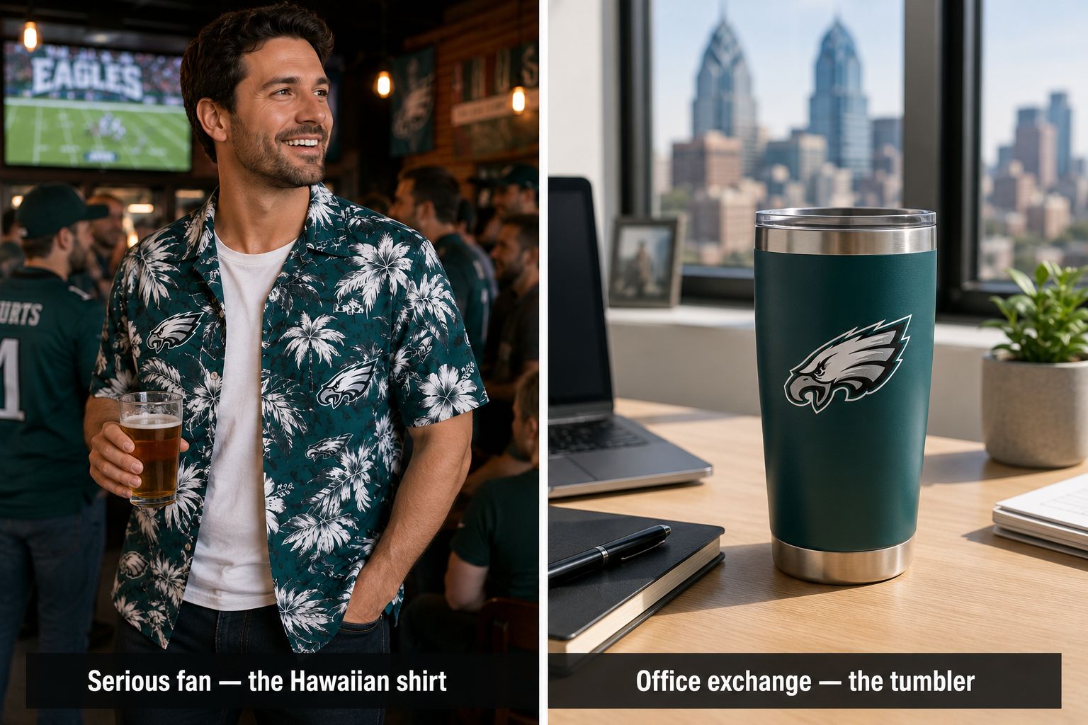 Philadelphia Eagles gifts under $50 by situation — Eagles Hawaiian shirt for serious fans at watch party on left, Eagles midnight green tumbler on Philadelphia office desk on right
