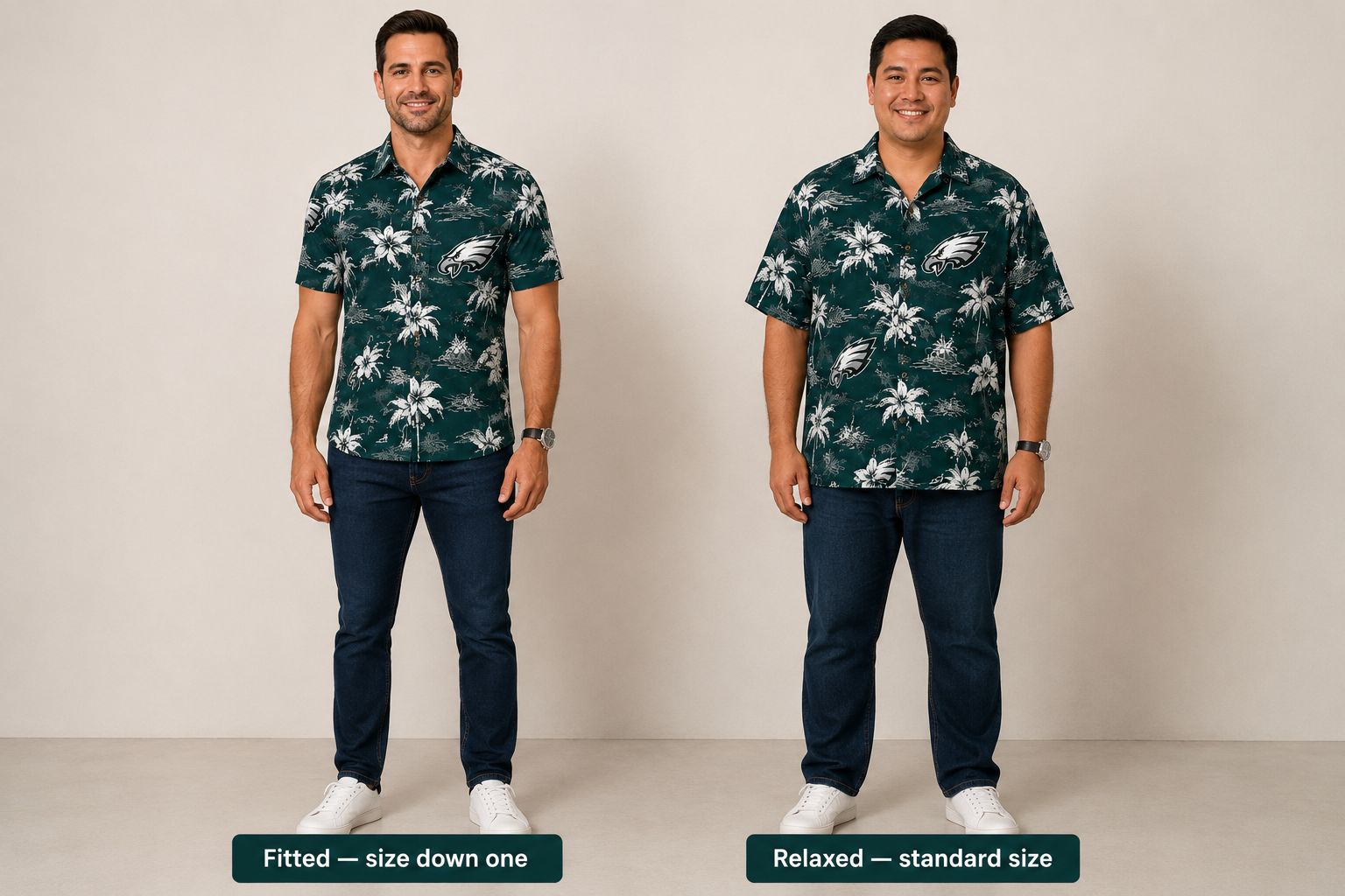 Philadelphia Eagles Hawaiian shirt sizing comparison — fitted look on left (size down one) vs relaxed fit on right (standard size), both in midnight green all-over print