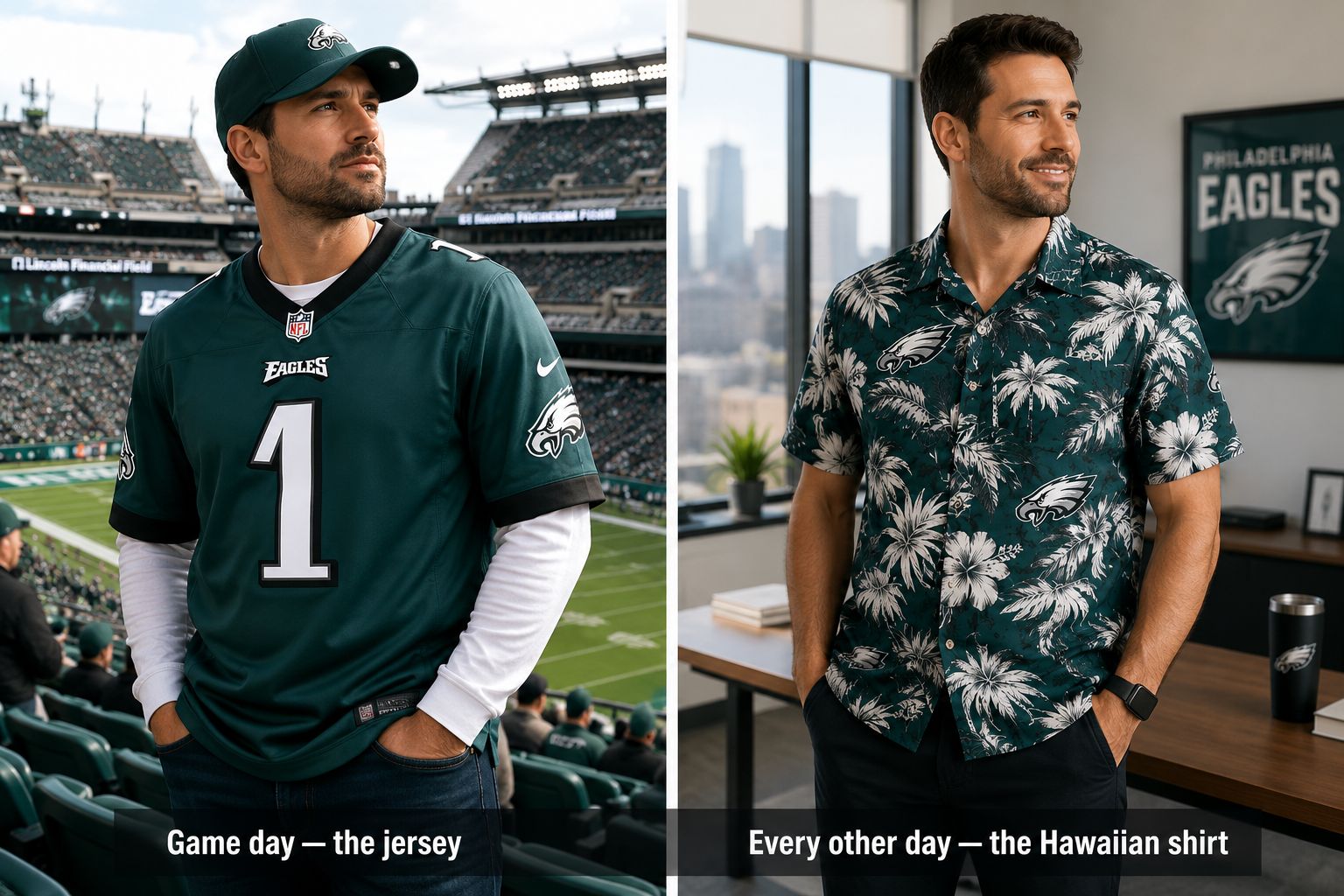 Philadelphia Eagles fan gear comparison — Hurts #1 jersey at Lincoln Financial Field on left labeled "Game day — the jersey", midnight green Hawaiian shirt at Philadelphia office on right labeled "Every other day — the Hawaiian shirt"