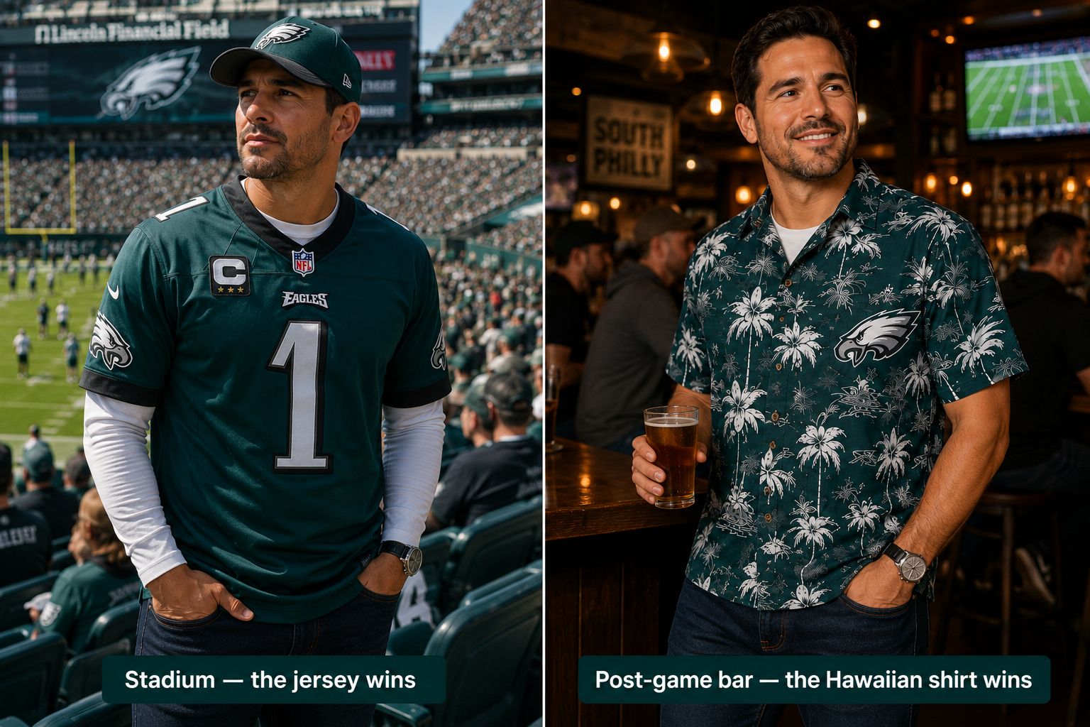 Philadelphia Eagles jersey vs Hawaiian shirt comparison — Hurts #1 jersey for Lincoln Financial Field stadium on left, midnight green Eagles Hawaiian shirt for South Philly post-game bar on right