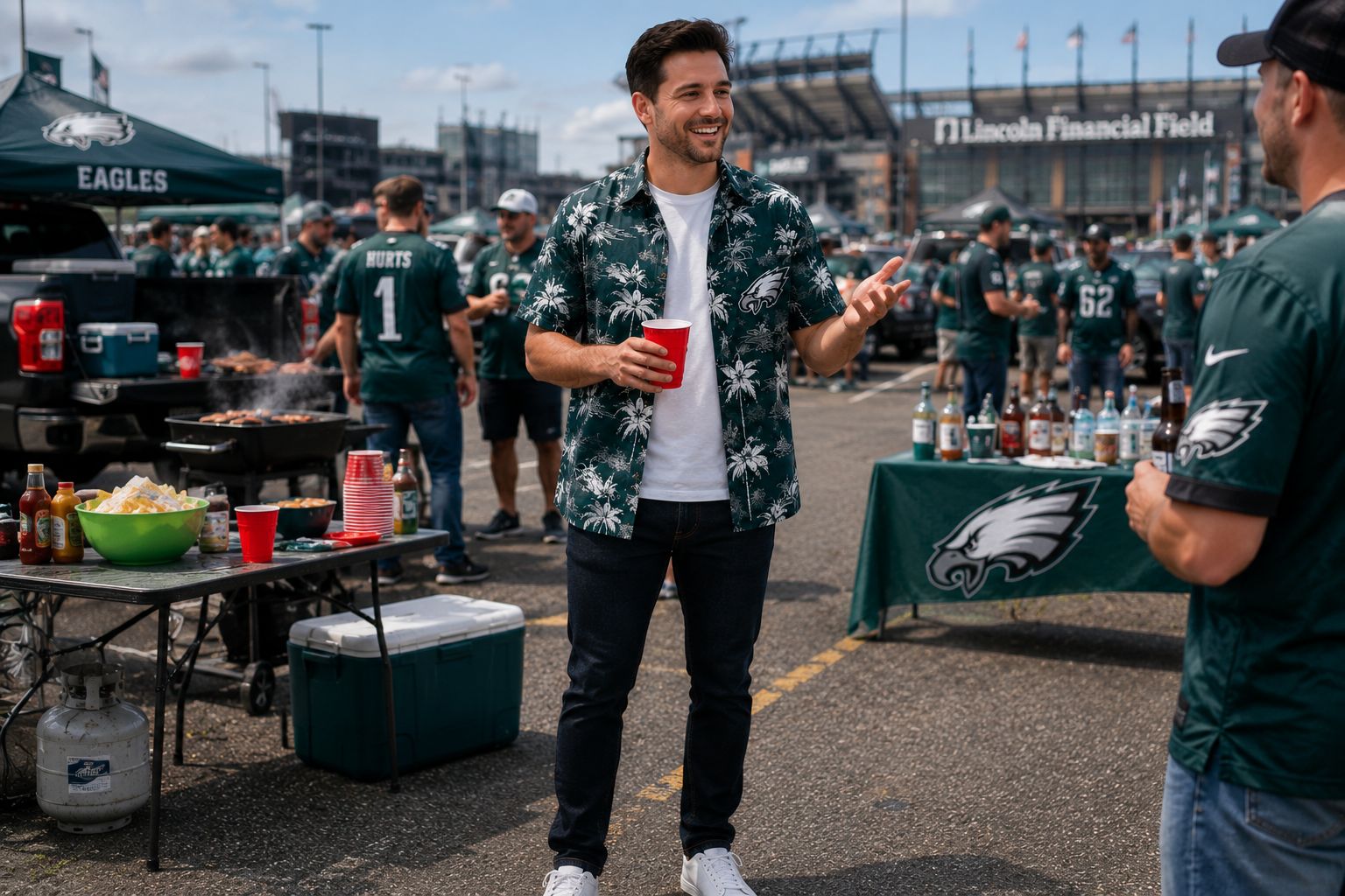 Philadelphia Eagles fan in midnight green Hawaiian shirt at Pattison Avenue tailgate — Lincoln Financial Field visible in background, other Eagles fans in jerseys surrounding