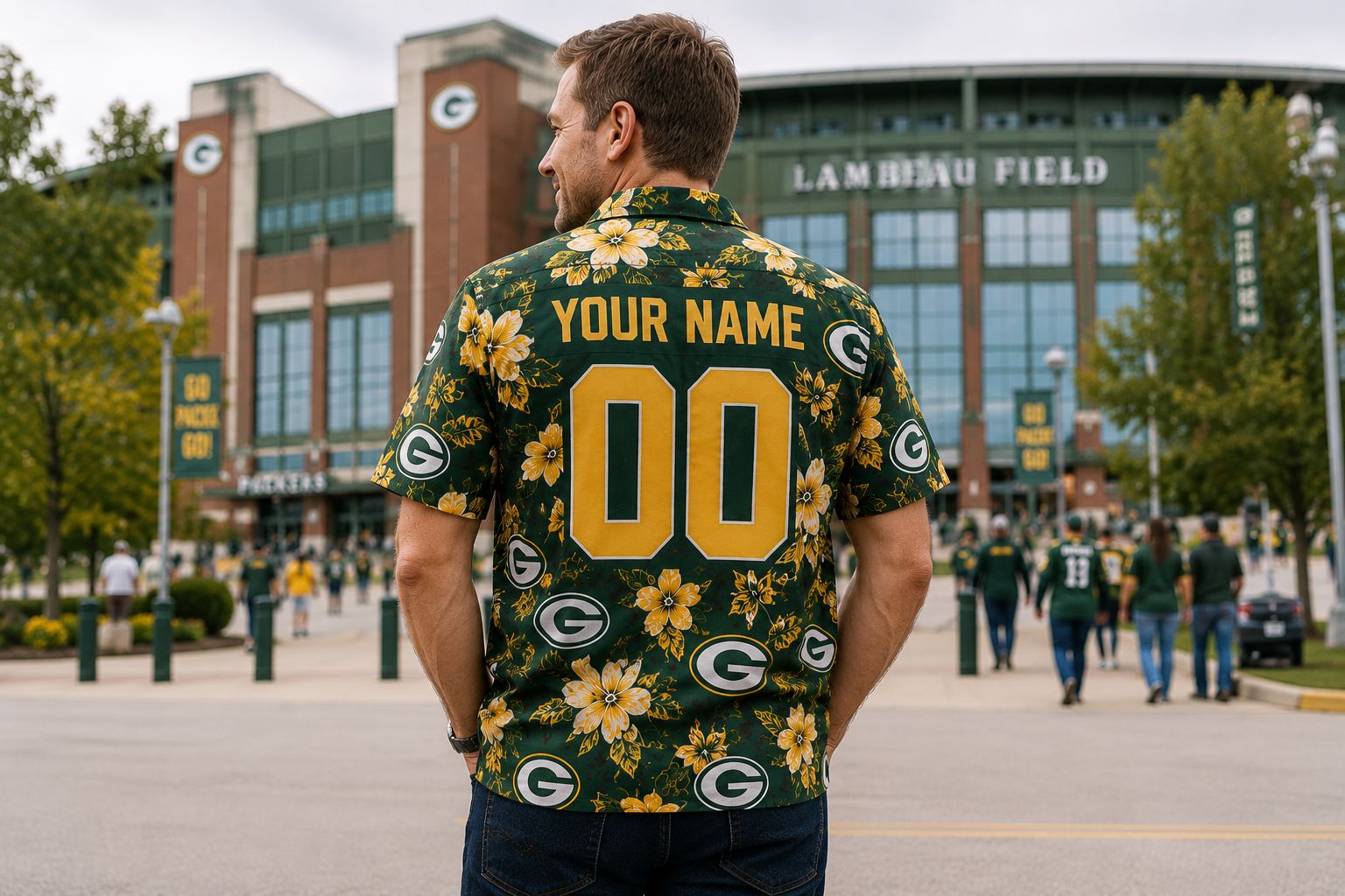 Green Bay Packers custom Hawaiian shirt back view showing Your Name and 00 in gold lettering — green and gold all-over print fan gear outside Lambeau Field in Green Bay