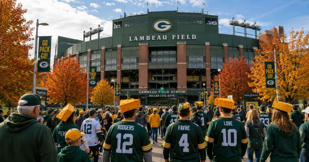 Green Bay Packers fans approaching Lambeau Field Atrium on Wisconsin autumn game day — Cheesehead hats visible, Rodgers #12, Favre #4 and Love #10 jerseys from behind, Go Pack Go banners, orange autumn trees