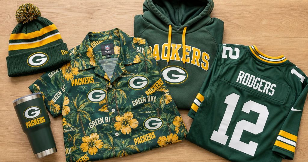 Green Bay Packers fan gear collection 2026 flat lay — green and gold Hawaiian shirt, Rodgers #12 jersey, Packers hoodie, green and gold pom beanie, and Packers insulated tumbler on wood surface