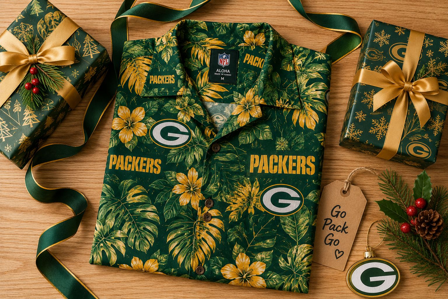 Green Bay Packers Hawaiian shirt flat lay as Christmas gift — green and gold tropical all-over print with PACKERS wordmark, green wrapping paper gifts with gold ribbon, Go Pack Go kraft gift tag, holly and pine cone on wood surface