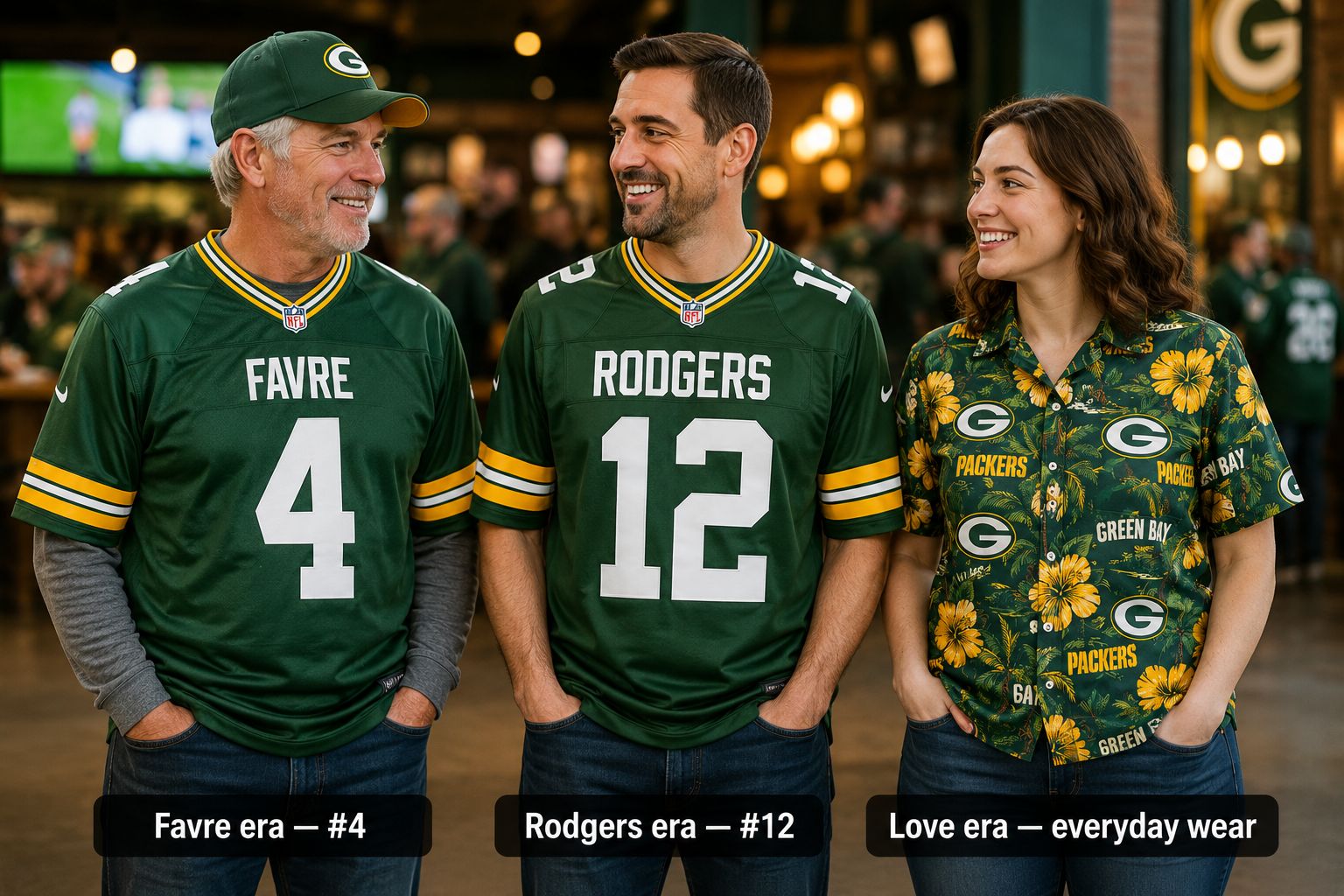Three Green Bay Packers fans representing three eras — older fan in Favre #4 jersey left, mid-age fan in Rodgers #12 jersey center, younger female fan in green and gold Hawaiian shirt right, at Wisconsin Packers bar with G logo in background