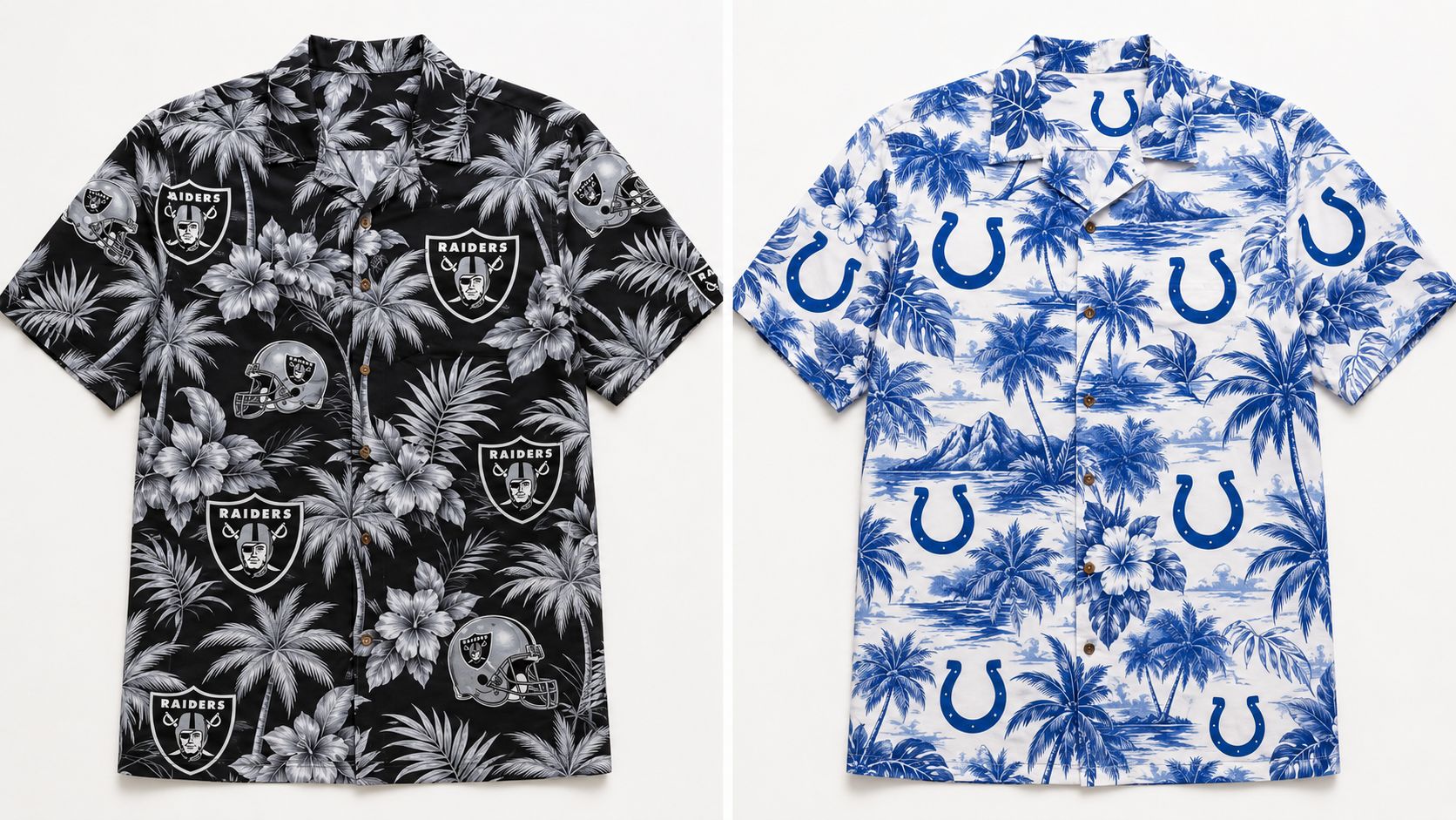 NFL Hawaiian Shirt Contrast Comparison — S-Tier vs C-Tier Las Vegas Raiders Hawaiian shirt versus Indianapolis Colts Hawaiian shirt — high-contrast S-Tier vs low-contrast C-Tier all-over print comparison