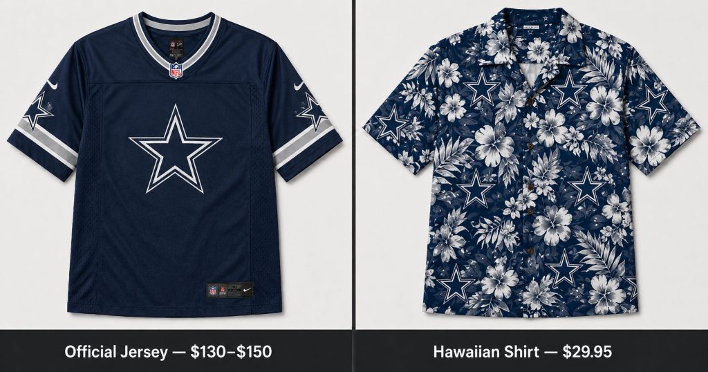 NFL jersey vs Hawaiian shirt price comparison — Dallas Cowboys navy official replica jersey with star logo and NFL shield labeled Official Jersey $130–$150 on left, Cowboys navy and silver star all-over print Hawaiian shirt labeled Hawaiian Shirt $29.95 on right, neutral grey background