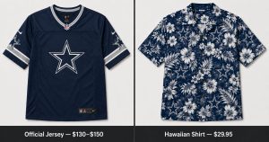 NFL jersey vs Hawaiian shirt price comparison — Dallas Cowboys navy official replica jersey with star logo and NFL shield labeled Official Jersey $130–$150 on left, Cowboys navy and silver star all-over print Hawaiian shirt labeled Hawaiian Shirt $29.95 on right, neutral grey background