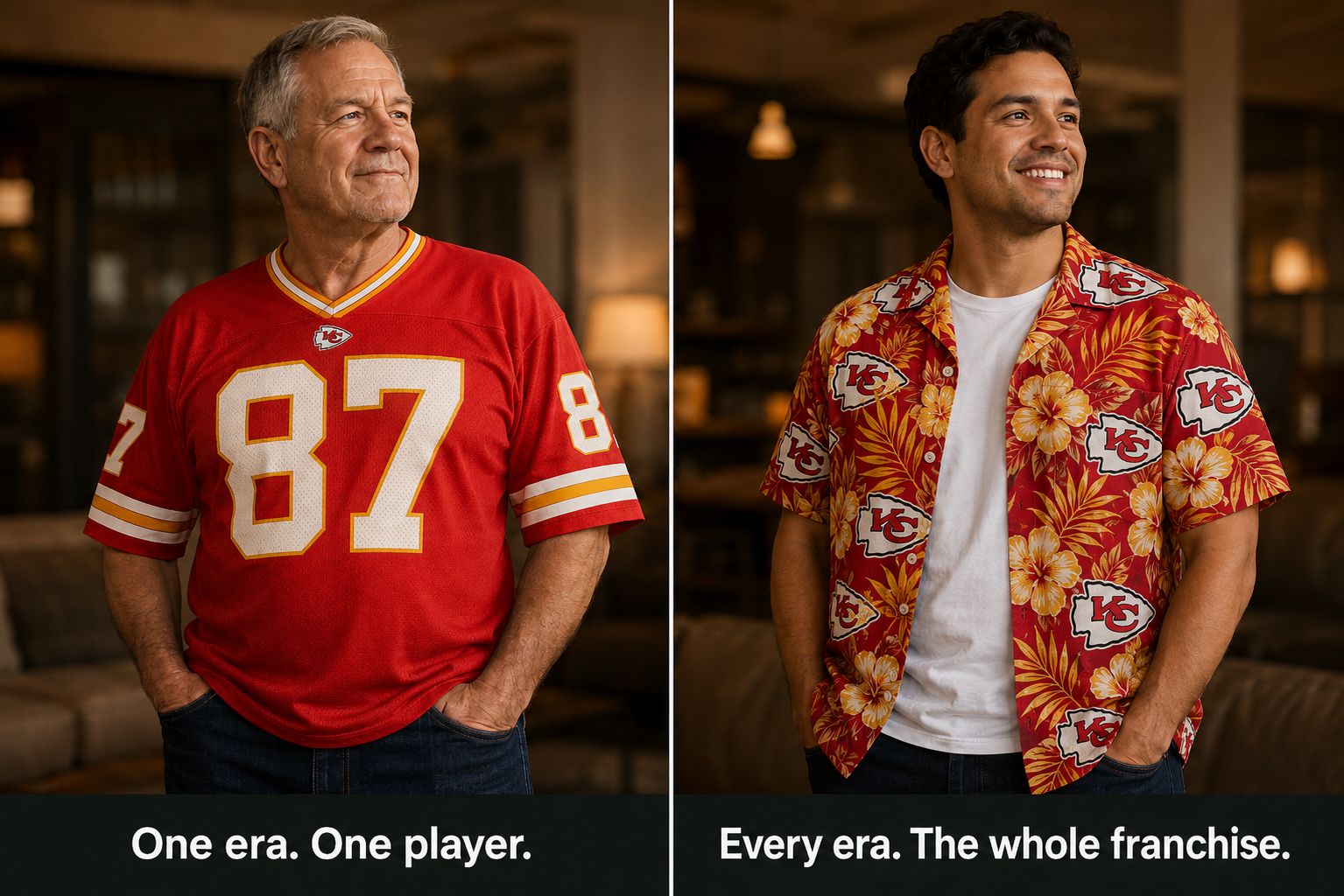 NFL Jersey Era Identity vs Hawaiian Shirt Franchise Identity — One Player Era vs Whole Franchise Identity NFL fan identity comparison — older male fan in red NFL era jersey representing one player chapter on left labeled One era One player, younger male fan in red and gold all-over print NFL Hawaiian shirt representing whole franchise on right labeled Every era The whole franchise