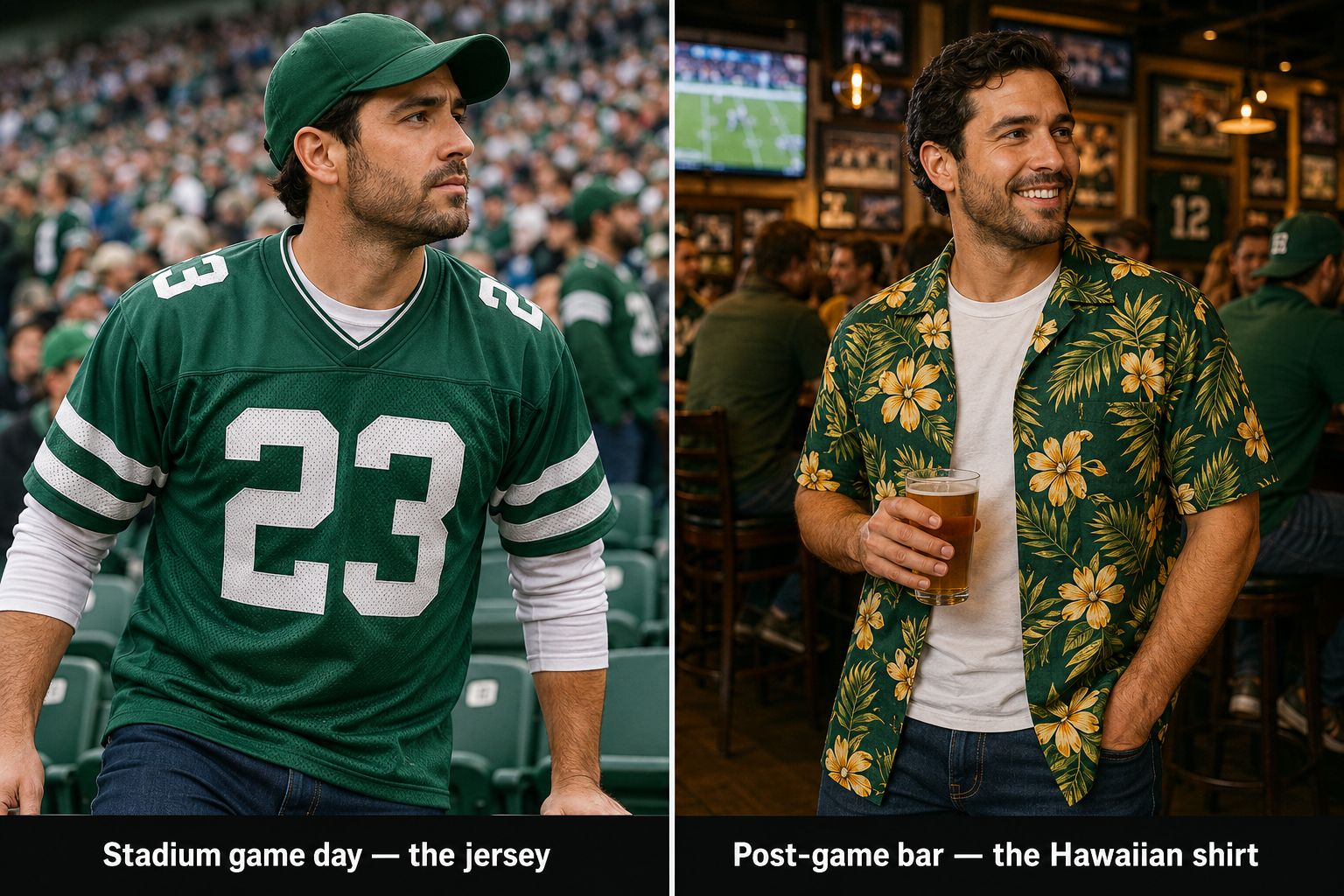 NFL Jersey at Stadium vs Hawaiian Shirt at Post-Game Bar — Two Contexts Two Right Answers NFL fan comparison — male fan in green #23 jersey at NFL stadium seating bowl focused on game on left, same fan in green and gold tropical Hawaiian shirt relaxed at post-game sports bar on right