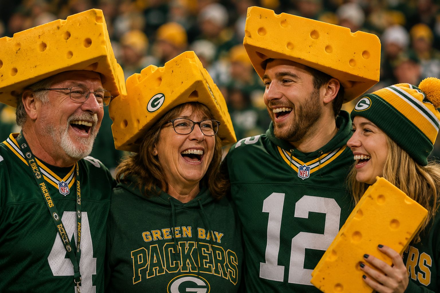 Green Bay Packers Cheesehead Family Fans — Multigenerational Lambeau Field Crowd Portrait Four Green Bay Packers fans wearing Cheesehead foam hats laughing together — older couple in Favre #4 jersey and Green Bay Packers hoodie, younger couple in Rodgers #12 jersey and Packers beanie, blurred green and gold crowd behind