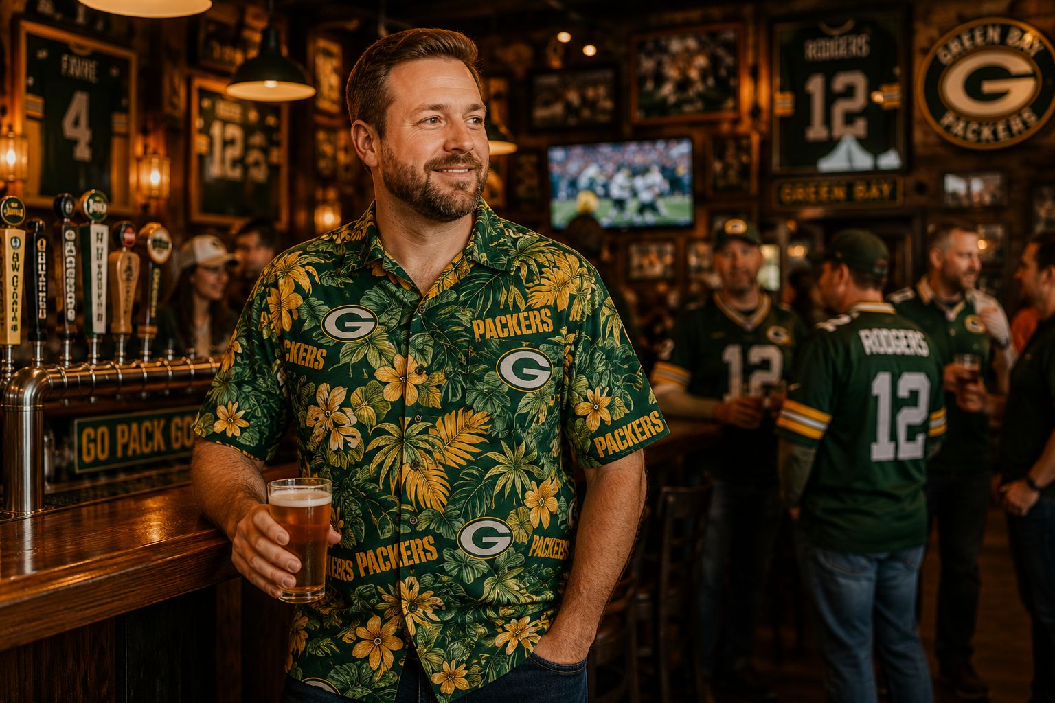 Green Bay Packers Fan in Hawaiian Shirt at Green Bay Bar — Favre #4 and Rodgers #12 Memorabilia on Walls Green Bay Packers fan in green and gold Hawaiian shirt holding beer at Green Bay bar — Favre #4 and Rodgers #12 framed jerseys on walls, Go Pack Go sign, other fans in Rodgers #12 jersey in background