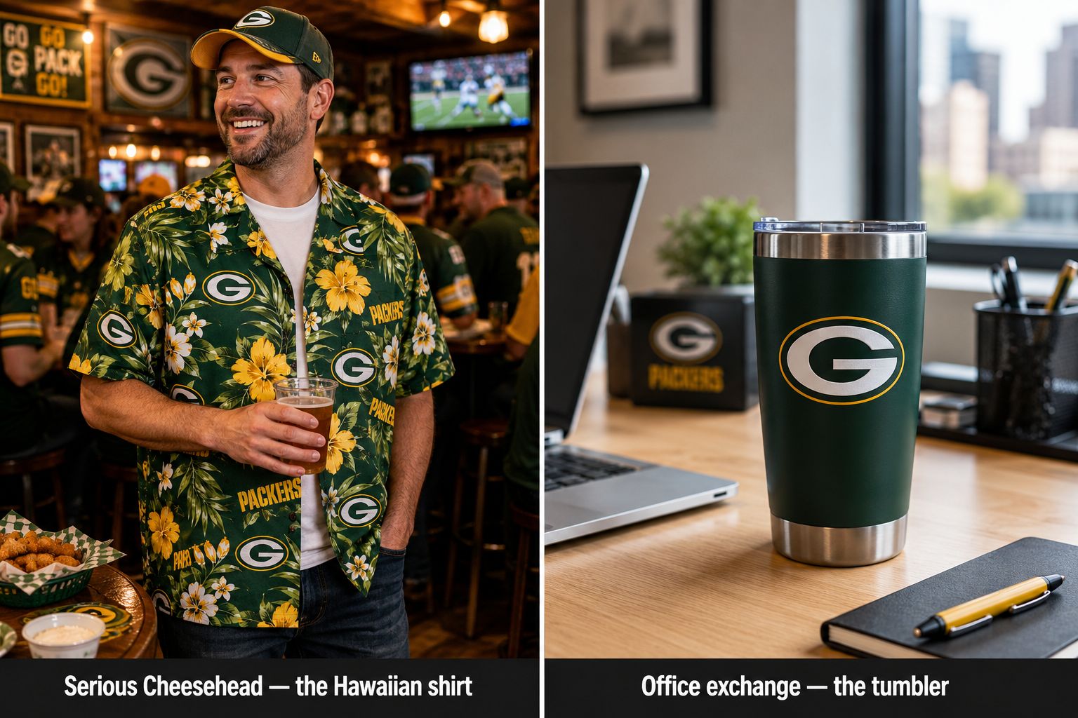 Packers Gifts Under $50 by Situation — Serious Cheesehead Hawaiian Shirt at Wisconsin Bar vs Office Tumbler on Desk Green Bay Packers gifts under $50 comparison — male fan in green and gold Hawaiian shirt at Packers bar with Go Pack Go signs on left, Packers insulated stainless tumbler on office desk with city view on right