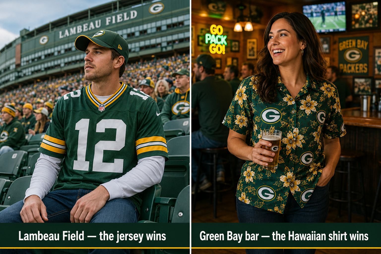 Green Bay Packers jersey vs Hawaiian shirt comparison — male in Rodgers #12 jersey at Lambeau Field seating bowl on left, female in green and gold Packers Hawaiian shirt at Green Bay bar on right