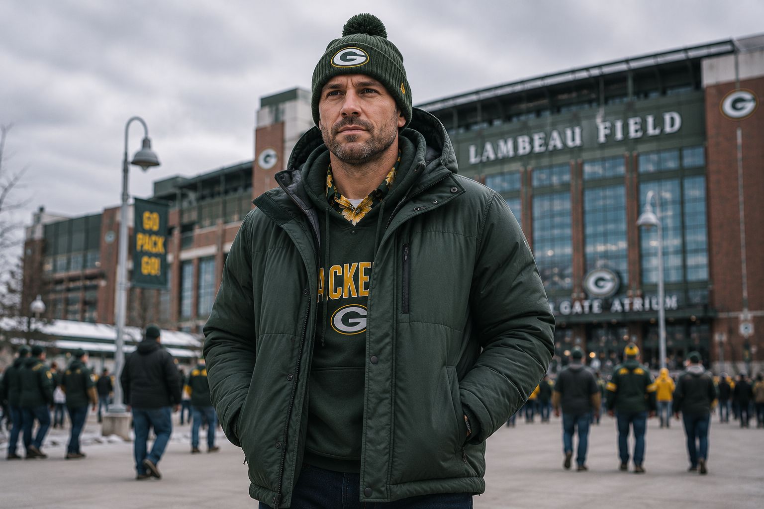 Green Bay Packers fan in full winter layering system at Lambeau Field — insulated jacket over Packers hoodie, green and gold Hawaiian shirt collar visible, Packers beanie, grey Wisconsin winter sky