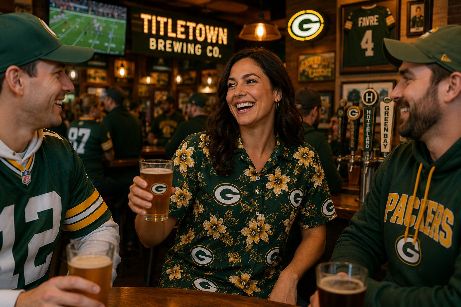 Green Bay Packers fans at Titletown Brewing Co post-game — female fan in green and gold Hawaiian shirt laughing with friends in Rodgers #12 jersey and Packers hoodie, Favre #4 jersey and Hinterland tap handles in background