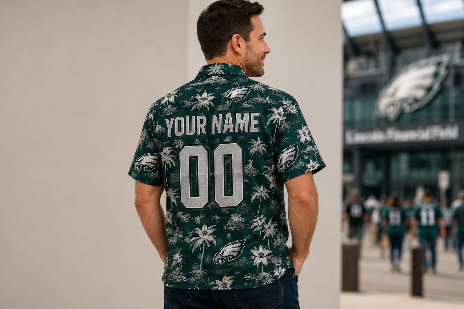 Philadelphia Eagles Custom Hawaiian Shirt — Your Name and Number Back View at Lincoln Financial Field Philadelphia Eagles custom Hawaiian shirt back view showing personalized name and number in silver — midnight green all-over print fan gear outside Lincoln Financial Field