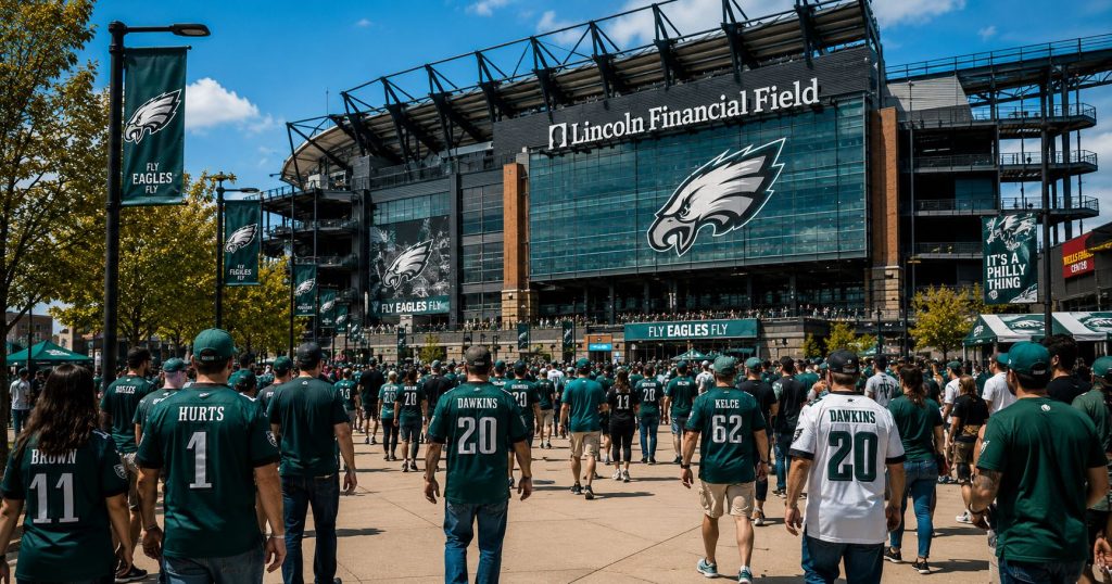 Philadelphia Eagles fans in midnight green jerseys walking toward Lincoln Financial Field — Hurts #1, Dawkins #20, Brown #11, Kelce #62 jerseys visible, Fly Eagles Fly banners on light poles