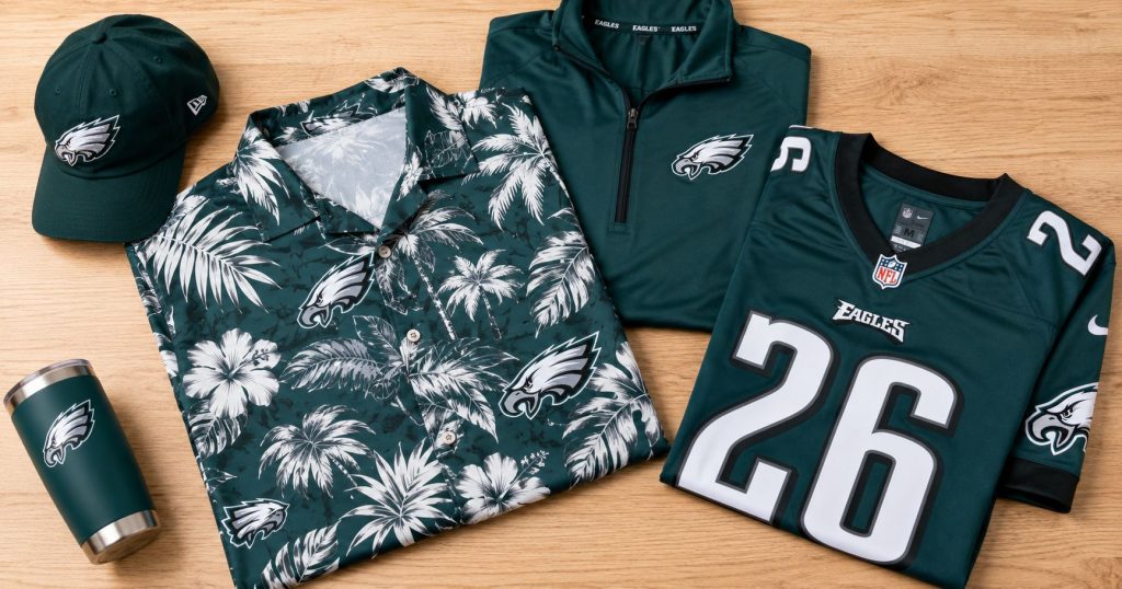 Philadelphia Eagles fan gear collection 2026 — midnight green Hawaiian shirt, Saquon Barkley #26 jersey, quarter-zip, Eagles cap and tumbler on wood surface