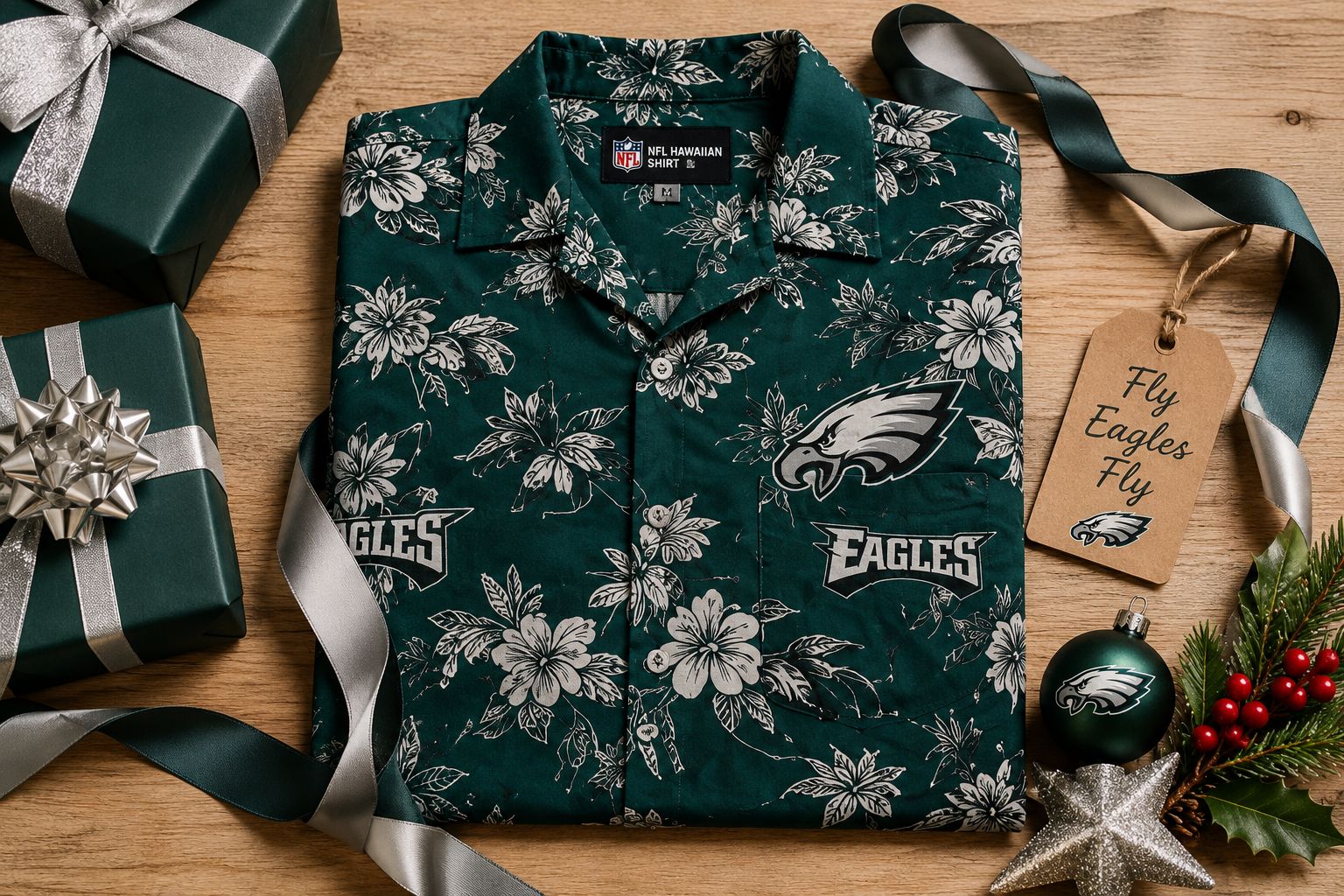 Philadelphia Eagles Hawaiian shirt flat lay as Christmas gift — midnight green all-over print with Eagles logo, silver ribbon, midnight green gift boxes, and Fly Eagles Fly gift tag on wood surface