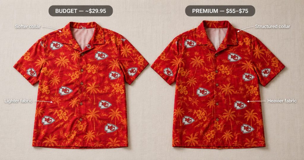 Budget vs premium NFL Hawaiian shirt comparison — Chiefs design showing collar and fabric differences at two price points
