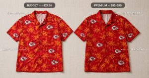 Budget vs premium NFL Hawaiian shirt comparison — Chiefs design showing collar and fabric differences at two price points