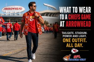 Man in Kansas City Chiefs Hawaiian shirt walking toward Arrowhead Stadium — tailgate to stadium to Power and Light in one outfit