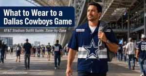 What to wear to a Dallas Cowboys game — man walking toward AT&T Stadium in Cowboys Hawaiian shirt with light layer over shoulder