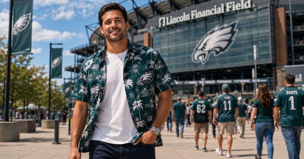 Philadelphia Eagles fan wearing midnight green Hawaiian shirt open over white tee walking toward Lincoln Financial Field — game day outfit guide for The Linc